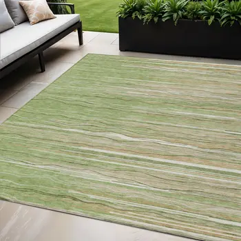 5' X 8' Green Beige And Ivory Striped Washable Indoor Outdoor Area Rug