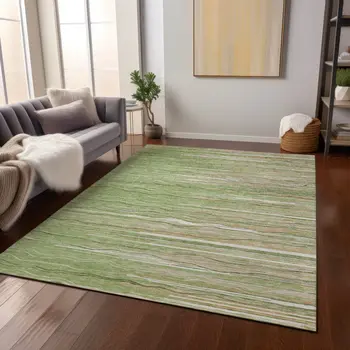 5' X 8' Green Beige And Ivory Striped Washable Indoor Outdoor Area Rug
