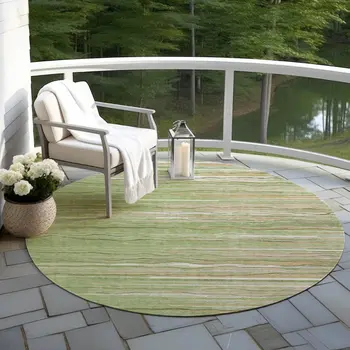 8' Green Beige And Ivory Round Striped Washable Indoor Outdoor Area Rug