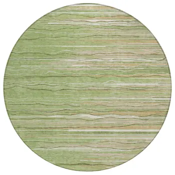 8' Green Beige And Ivory Round Striped Washable Indoor Outdoor Area Rug