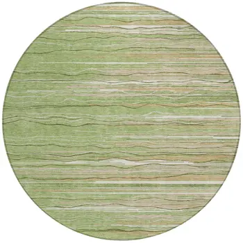 8' Green Beige And Ivory Round Striped Washable Indoor Outdoor Area Rug