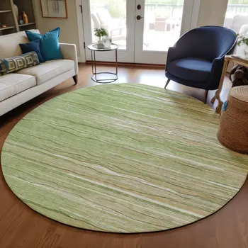 8' Green Beige And Ivory Round Striped Washable Indoor Outdoor Area Rug