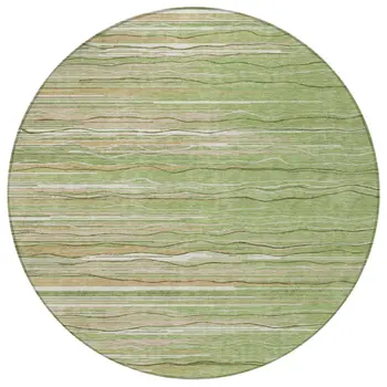 8' Green Beige And Ivory Round Striped Washable Indoor Outdoor Area Rug