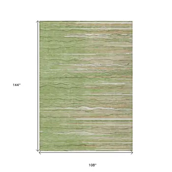 9' X 12' Green Beige And Ivory Striped Washable Indoor Outdoor Area Rug