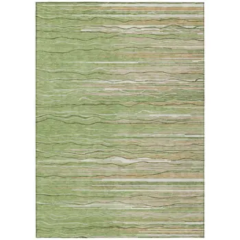 9' X 12' Green Beige And Ivory Striped Washable Indoor Outdoor Area Rug