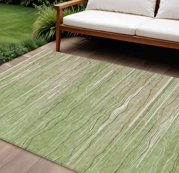10' X 14' Green Beige And Ivory Striped Washable Indoor Outdoor Area Rug