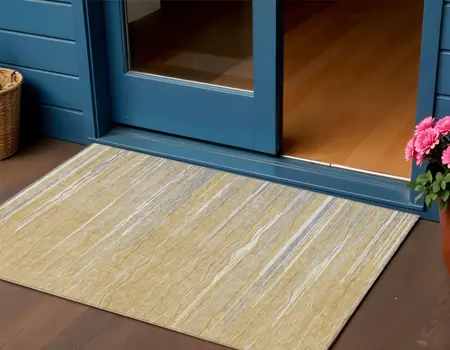 3' X 5' Gold Gray And Ivory Striped Washable Indoor Outdoor Area Rug