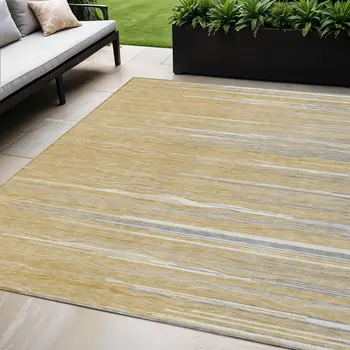 5' X 8' Gold Gray And Ivory Striped Washable Indoor Outdoor Area Rug