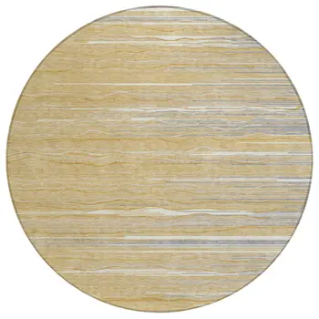 8' Gold Gray And Ivory Round Striped Washable Indoor Outdoor Area Rug