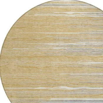 8' Gold Gray And Ivory Round Striped Washable Indoor Outdoor Area Rug