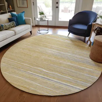 8' Gold Gray And Ivory Round Striped Washable Indoor Outdoor Area Rug
