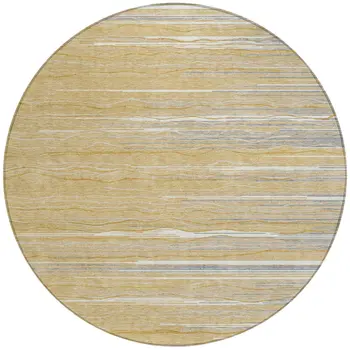 8' Gold Gray And Ivory Round Striped Washable Indoor Outdoor Area Rug