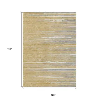 10' X 14' Gold Gray And Ivory Striped Washable Indoor Outdoor Area Rug