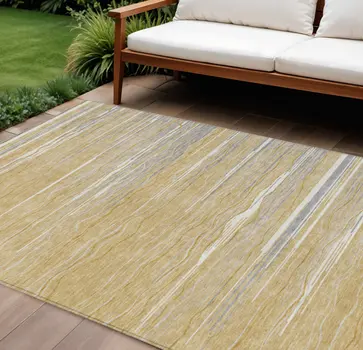 10' X 14' Gold Gray And Ivory Striped Washable Indoor Outdoor Area Rug