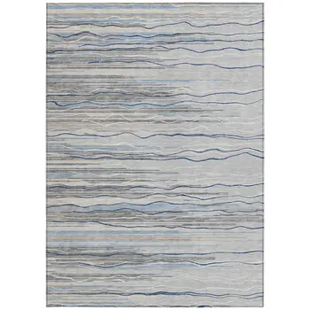 3' X 5' Gray Silver And Blue Striped Washable Indoor Outdoor Area Rug
