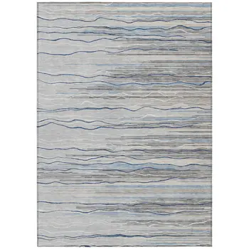 3' X 5' Gray Silver And Blue Striped Washable Indoor Outdoor Area Rug