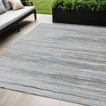 5' X 8' Gray Silver And Blue Striped Washable Indoor Outdoor Area Rug