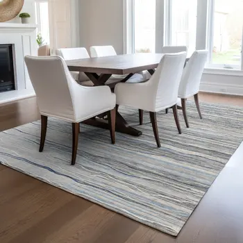 5' X 8' Gray Silver And Blue Striped Washable Indoor Outdoor Area Rug