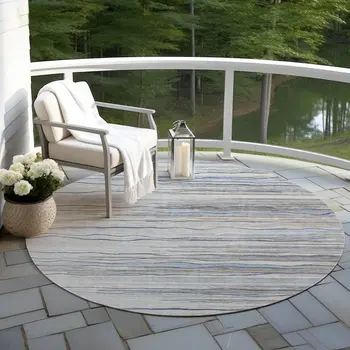8' Gray Silver And Blue Round Striped Washable Indoor Outdoor Area Rug