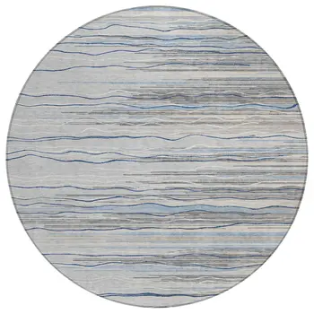 8' Gray Silver And Blue Round Striped Washable Indoor Outdoor Area Rug