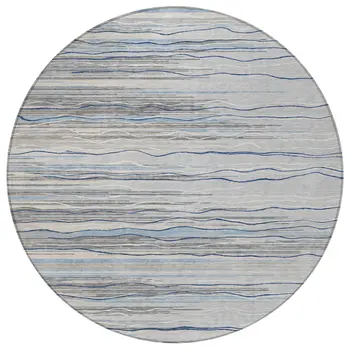 8' Gray Silver And Blue Round Striped Washable Indoor Outdoor Area Rug