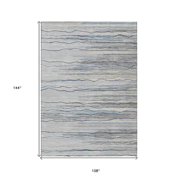 9' X 12' Gray Silver And Blue Striped Washable Indoor Outdoor Area Rug