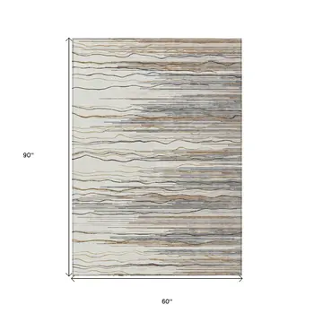 5' X 8' Ivory Brown And Gray Striped Washable Indoor Outdoor Area Rug