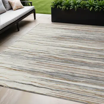 5' X 8' Ivory Brown And Gray Striped Washable Indoor Outdoor Area Rug