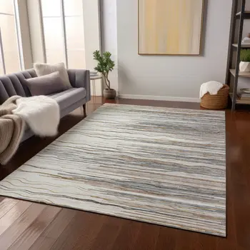 5' X 8' Ivory Brown And Gray Striped Washable Indoor Outdoor Area Rug