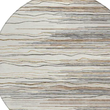8' Ivory Brown And Gray Round Striped Washable Indoor Outdoor Area Rug