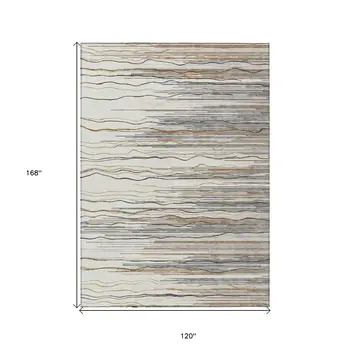 10' X 14' Ivory Brown And Gray Striped Washable Indoor Outdoor Area Rug