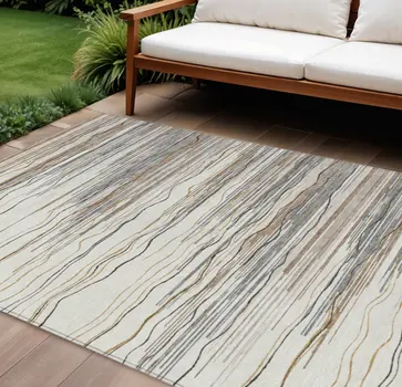 10' X 14' Ivory Brown And Gray Striped Washable Indoor Outdoor Area Rug