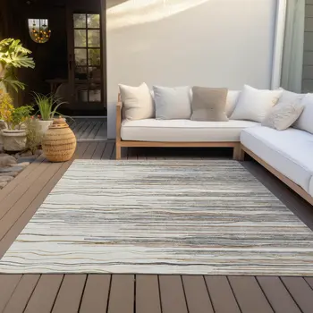 10' X 14' Ivory Brown And Gray Striped Washable Indoor Outdoor Area Rug