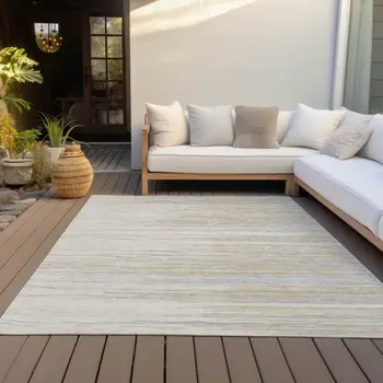 5' X 8' Linen Gray And Beige Striped Washable Indoor Outdoor Area Rug