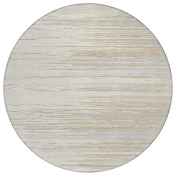 8' Linen Gray And Beige Round Striped Washable Indoor Outdoor Area Rug