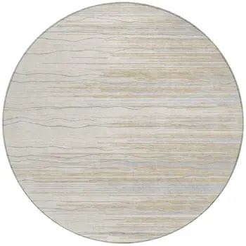 8' Linen Gray And Beige Round Striped Washable Indoor Outdoor Area Rug