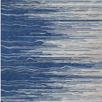 3' X 5' Navy Blue Gray And Ivory Striped Washable Indoor Outdoor Area Rug