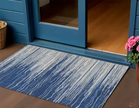 3' X 5' Navy Blue Gray And Ivory Striped Washable Indoor Outdoor Area Rug