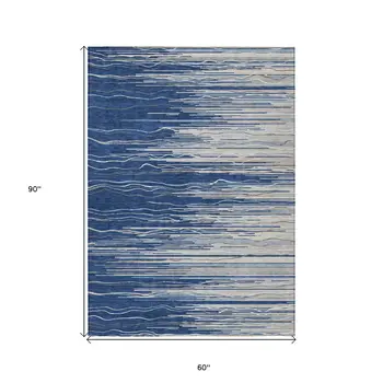 5' X 8' Navy Blue Gray And Ivory Striped Washable Indoor Outdoor Area Rug