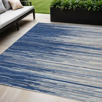 5' X 8' Navy Blue Gray And Ivory Striped Washable Indoor Outdoor Area Rug