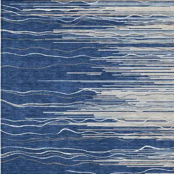 5' X 8' Navy Blue Gray And Ivory Striped Washable Indoor Outdoor Area Rug