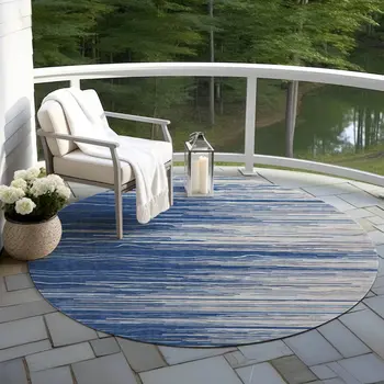 8' Navy Blue Gray And Ivory Round Striped Washable Indoor Outdoor Area Rug