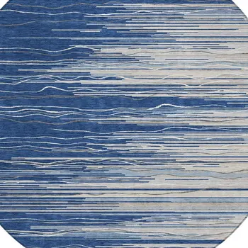 8' Navy Blue Gray And Ivory Round Striped Washable Indoor Outdoor Area Rug