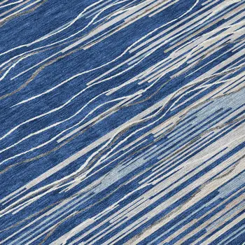 8' Navy Blue Gray And Ivory Round Striped Washable Indoor Outdoor Area Rug
