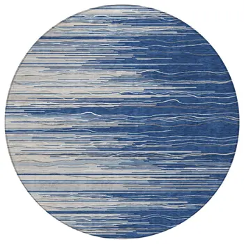 8' Navy Blue Gray And Ivory Round Striped Washable Indoor Outdoor Area Rug