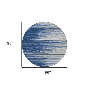 8' Navy Blue Gray And Ivory Round Striped Washable Indoor Outdoor Area Rug