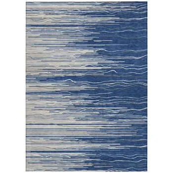 8' X 10' Navy Blue Gray And Ivory Striped Washable Indoor Outdoor Area Rug