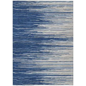 8' X 10' Navy Blue Gray And Ivory Striped Washable Indoor Outdoor Area Rug