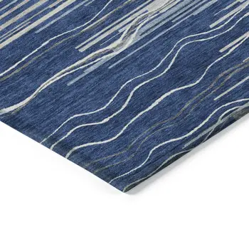 8' X 10' Navy Blue Gray And Ivory Striped Washable Indoor Outdoor Area Rug