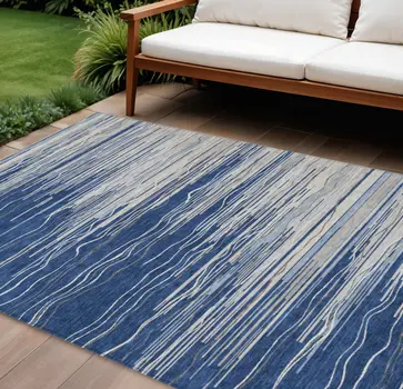 9' X 12' Navy Blue Gray And Ivory Striped Washable Indoor Outdoor Area Rug